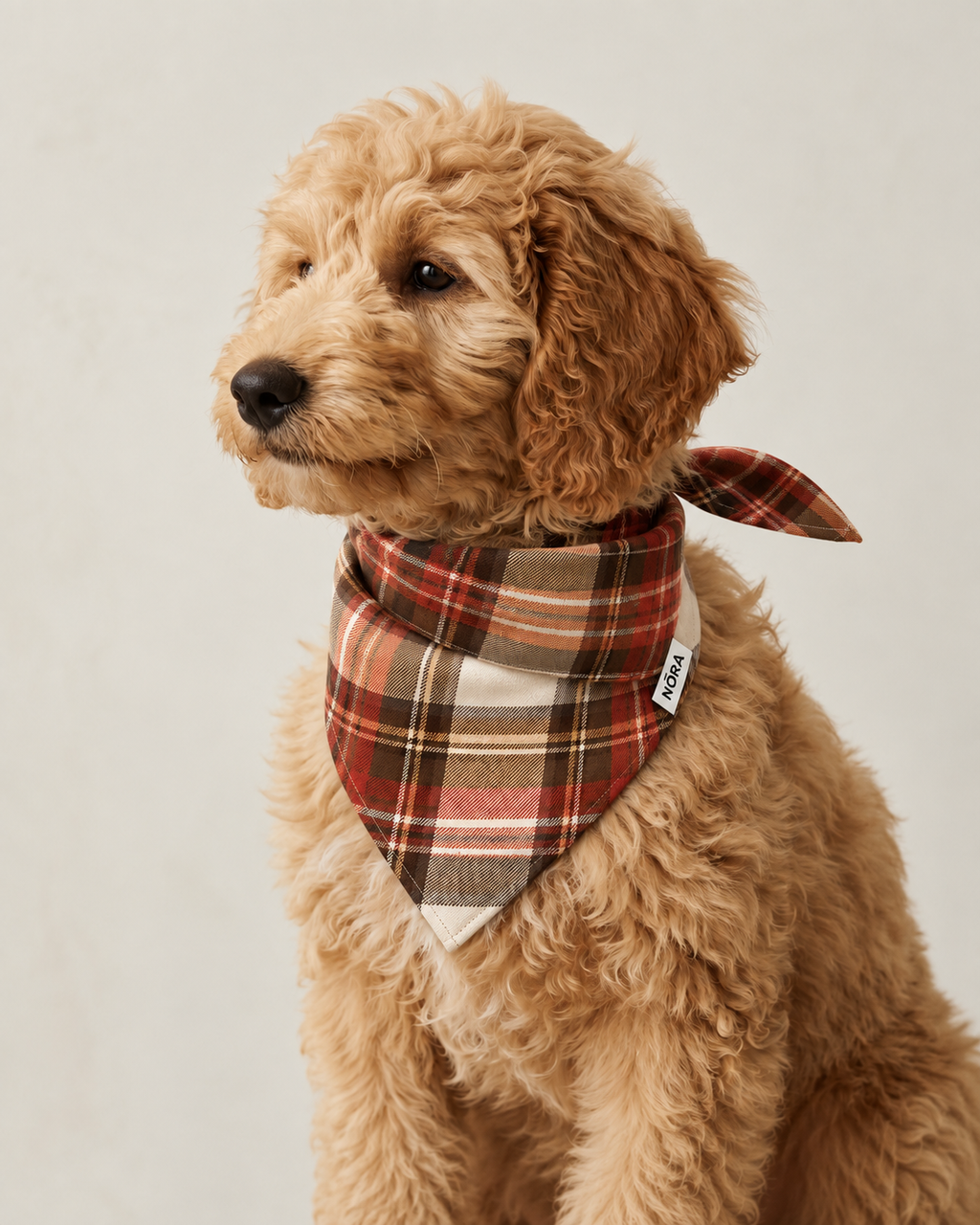 Dog wearing the NŌRA Bandit Plaid bandana in Brown and Red