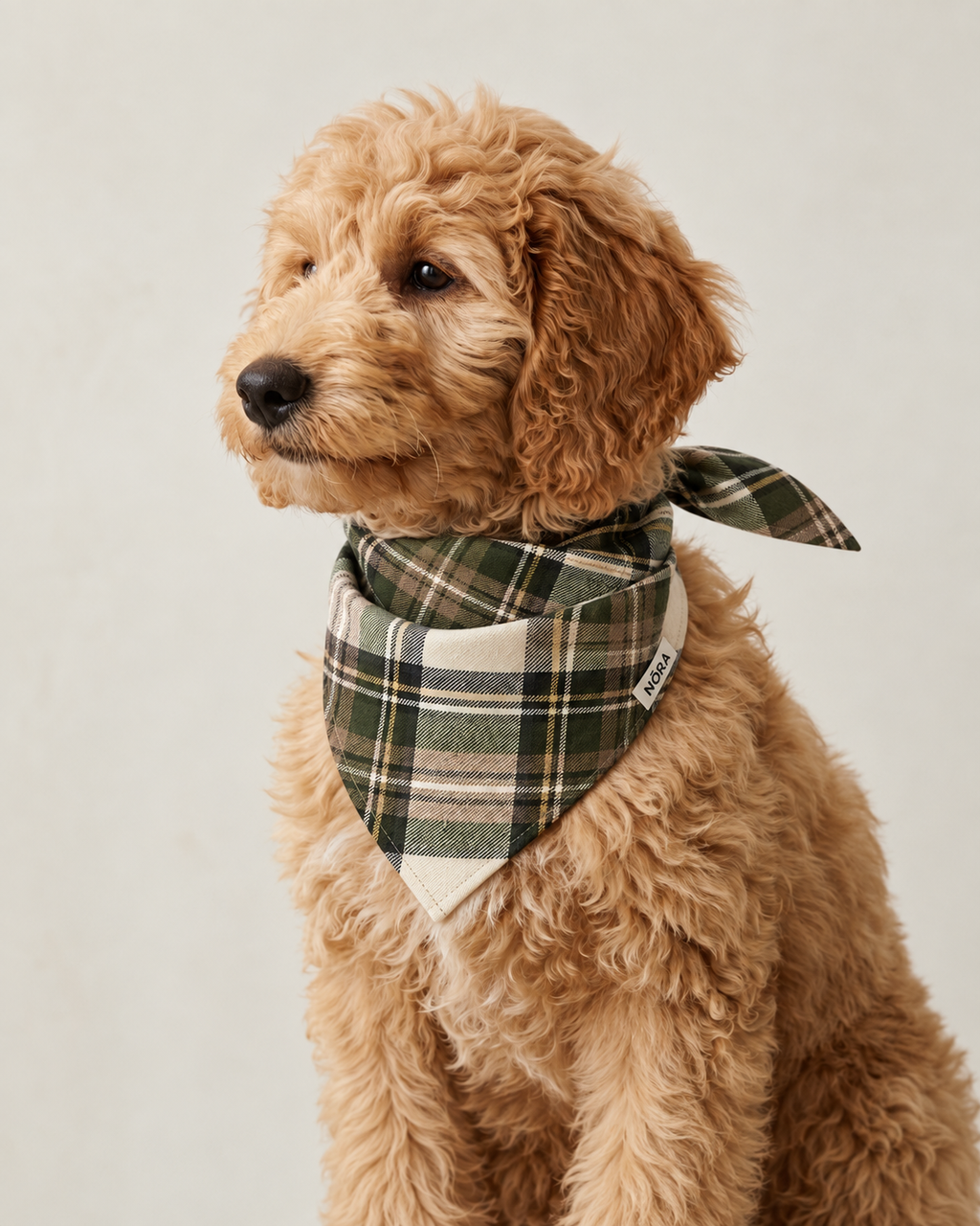 Dog wearing the NŌRA Bandit Plaid bandana in Earth Green